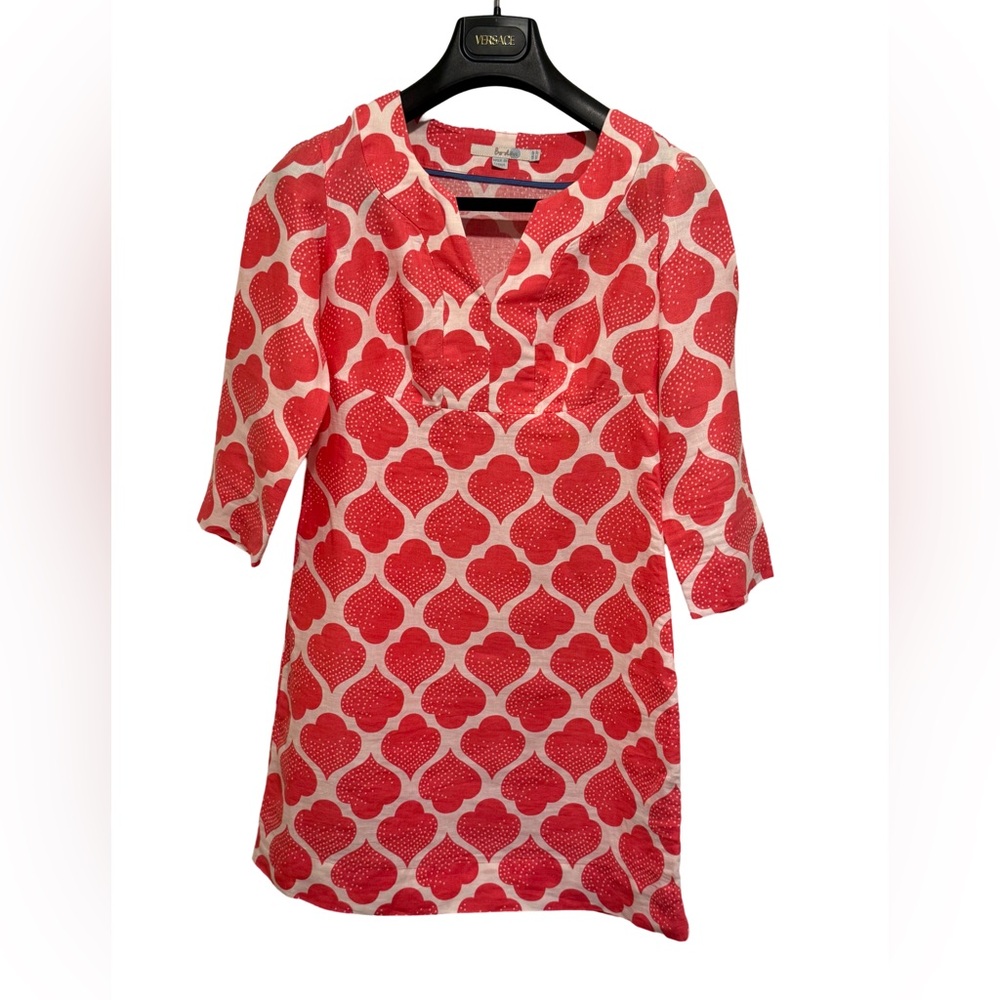 Boden EUC Size 2P Pretty Coral & White 3/4 Length Linen Mini Dress (0554) - Picture 4 of 14
